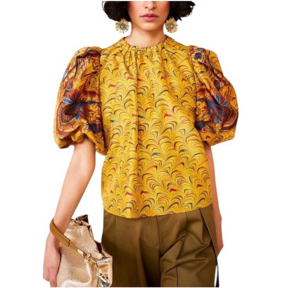 ULLA JOHNSON Womens Size 6 Lorena Yellow Marbled Tiger's Eye Puff-Sleeve Top NWT - Picture 1 of 14